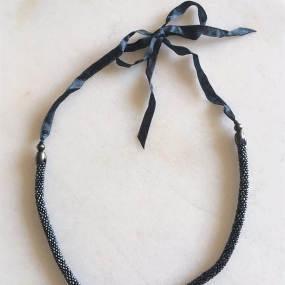 New! Club Monaco navy beaded necklace, ribbon tie / bow detail - Picture 1 of 4